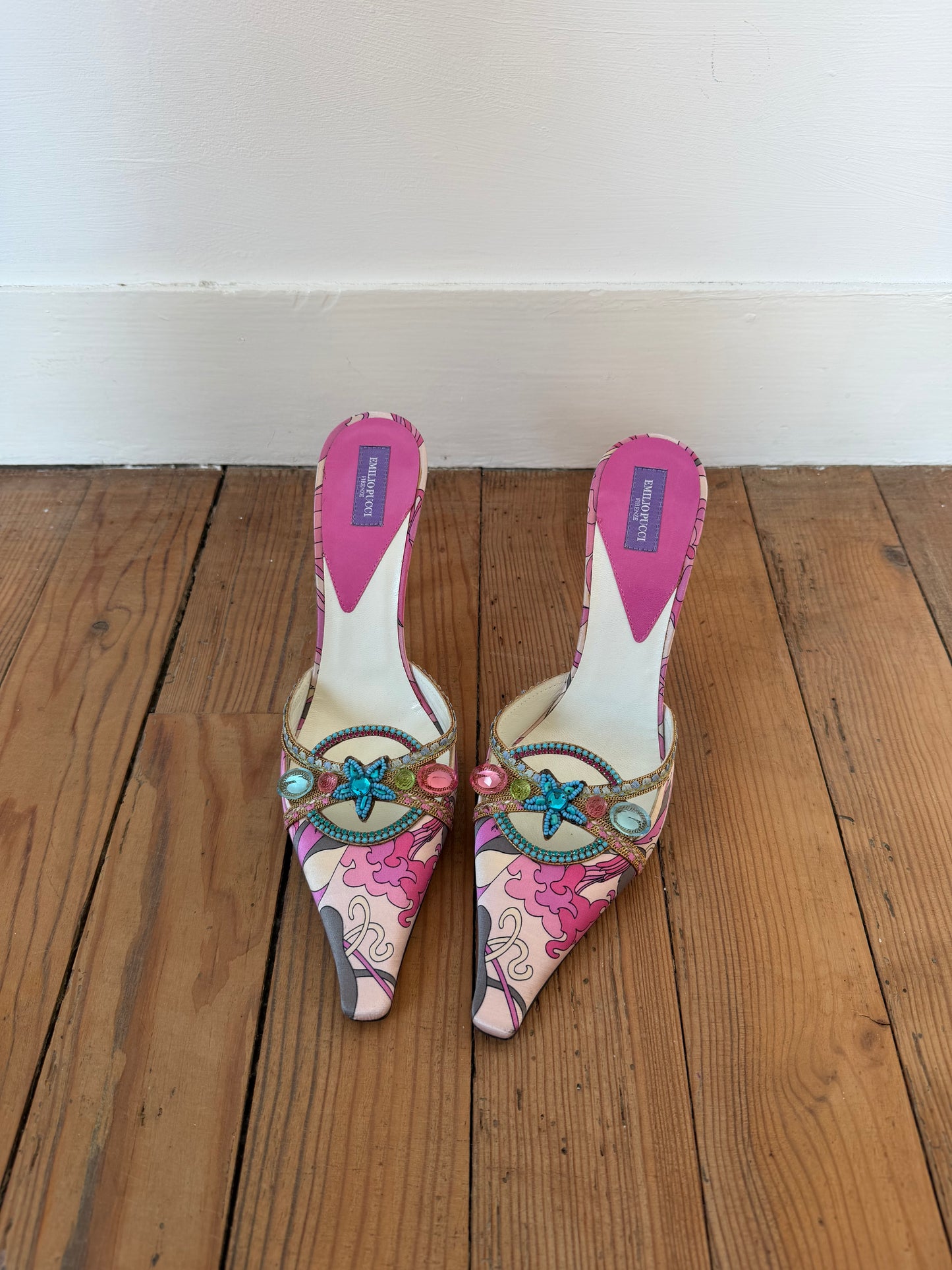 Vintage Emilio Pucci Crystal-Embellished Satin Mules