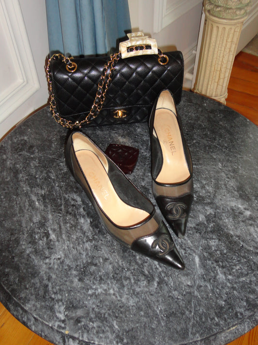Chanel Vintage Black Mesh & Leather CC Pointed Toe Pumps