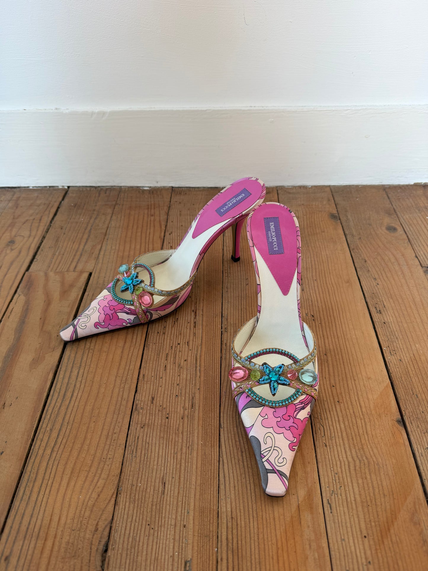 Vintage Emilio Pucci Crystal-Embellished Satin Mules
