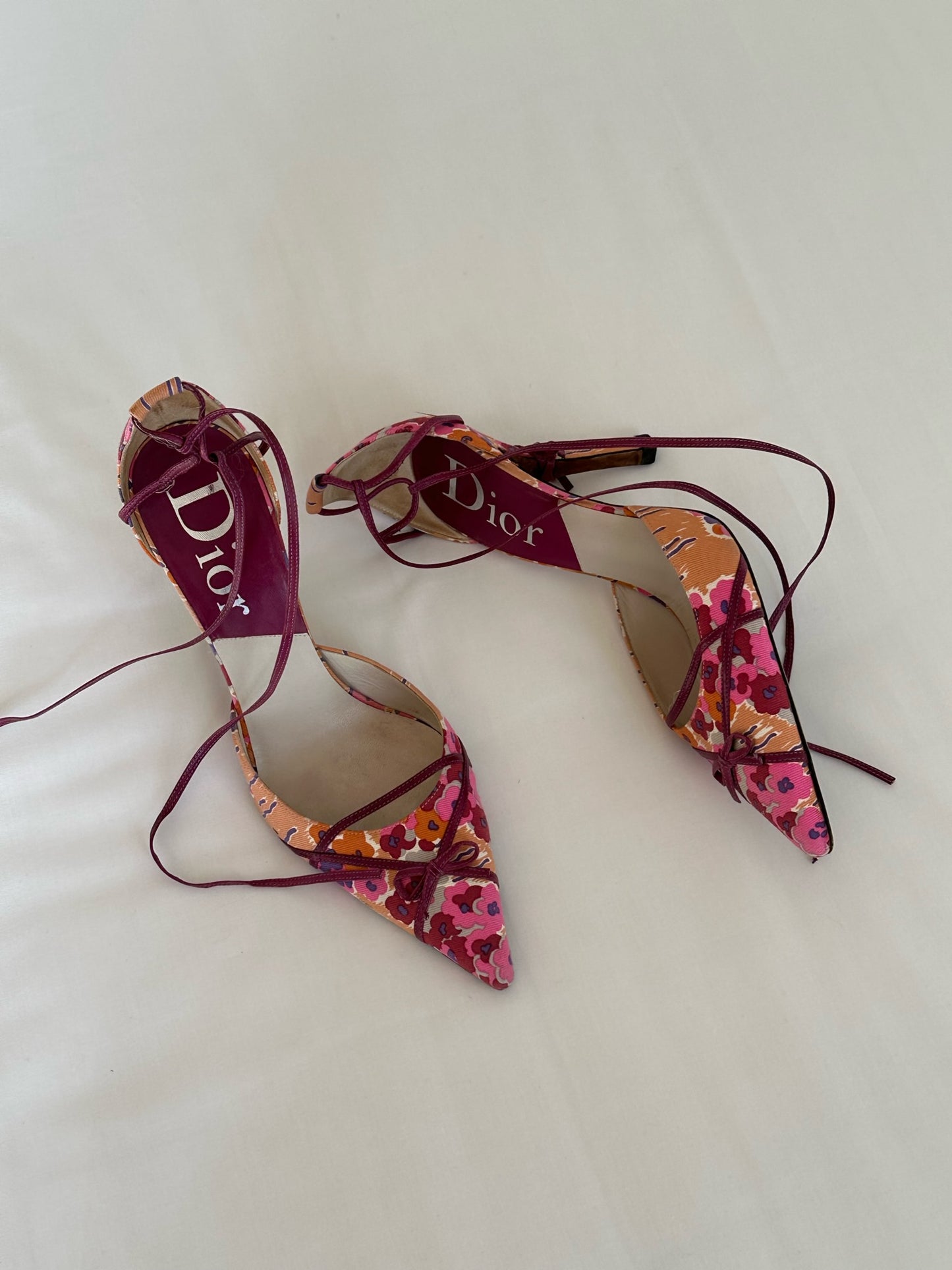 Dior Flower Patterned Bow Ankle Wrapped Heels