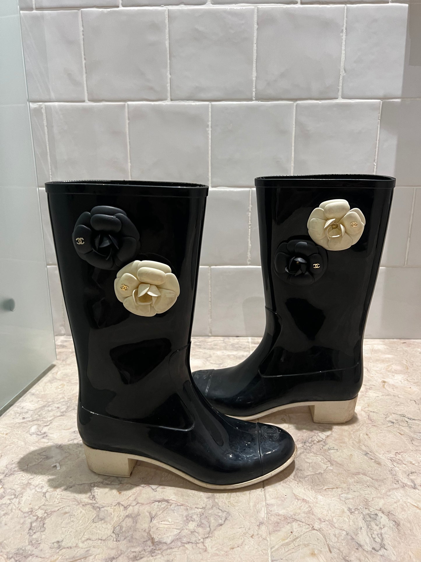 Chanel Flower Two Toned Rain Boots