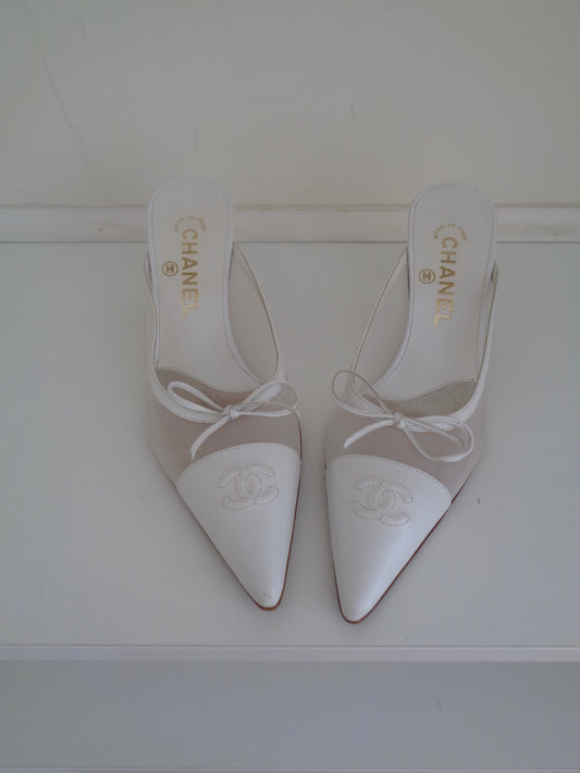 Chanel Vintage White CC Mules