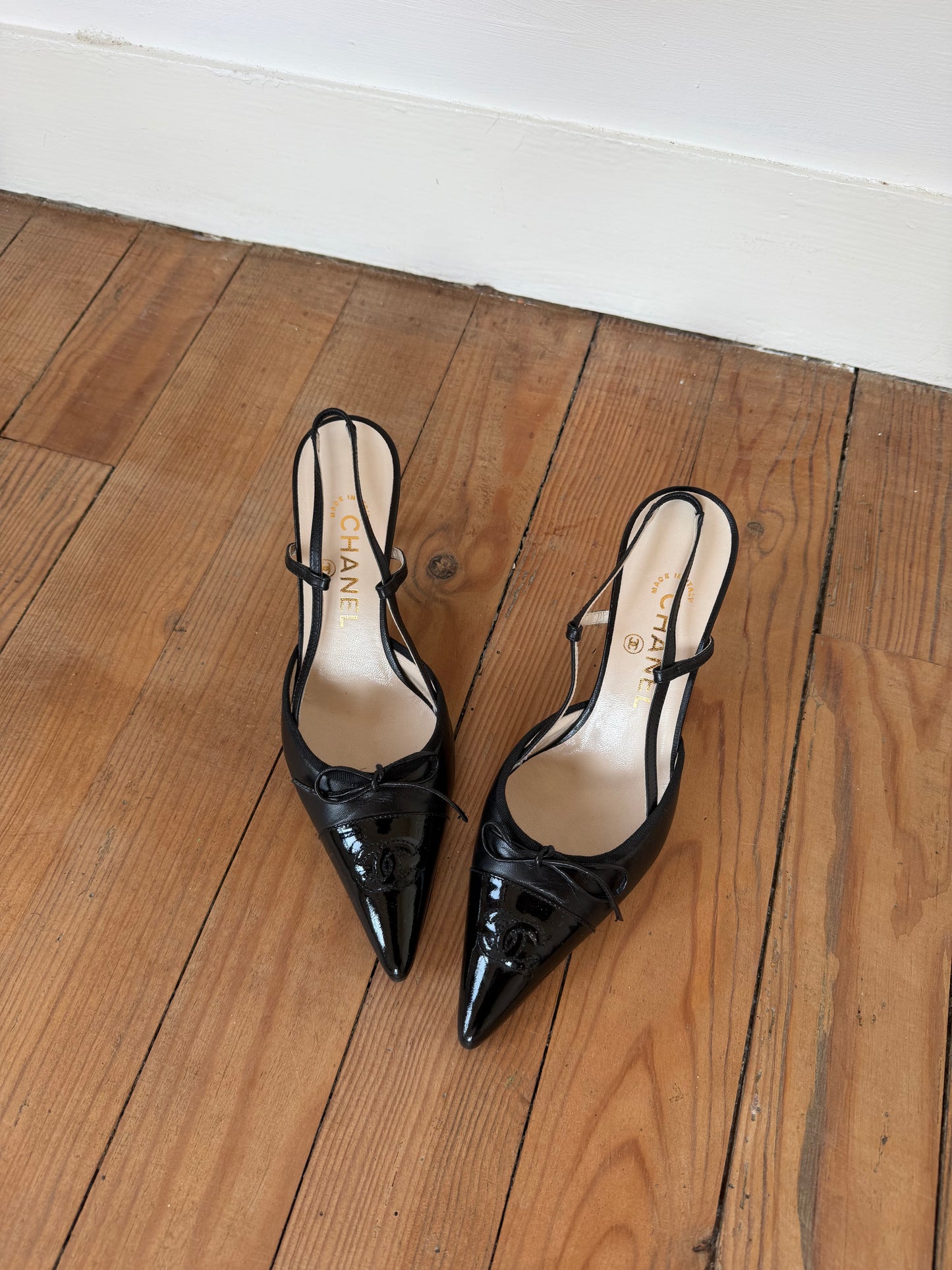 Vintage Chanel Black CC Bow Slingback Heels