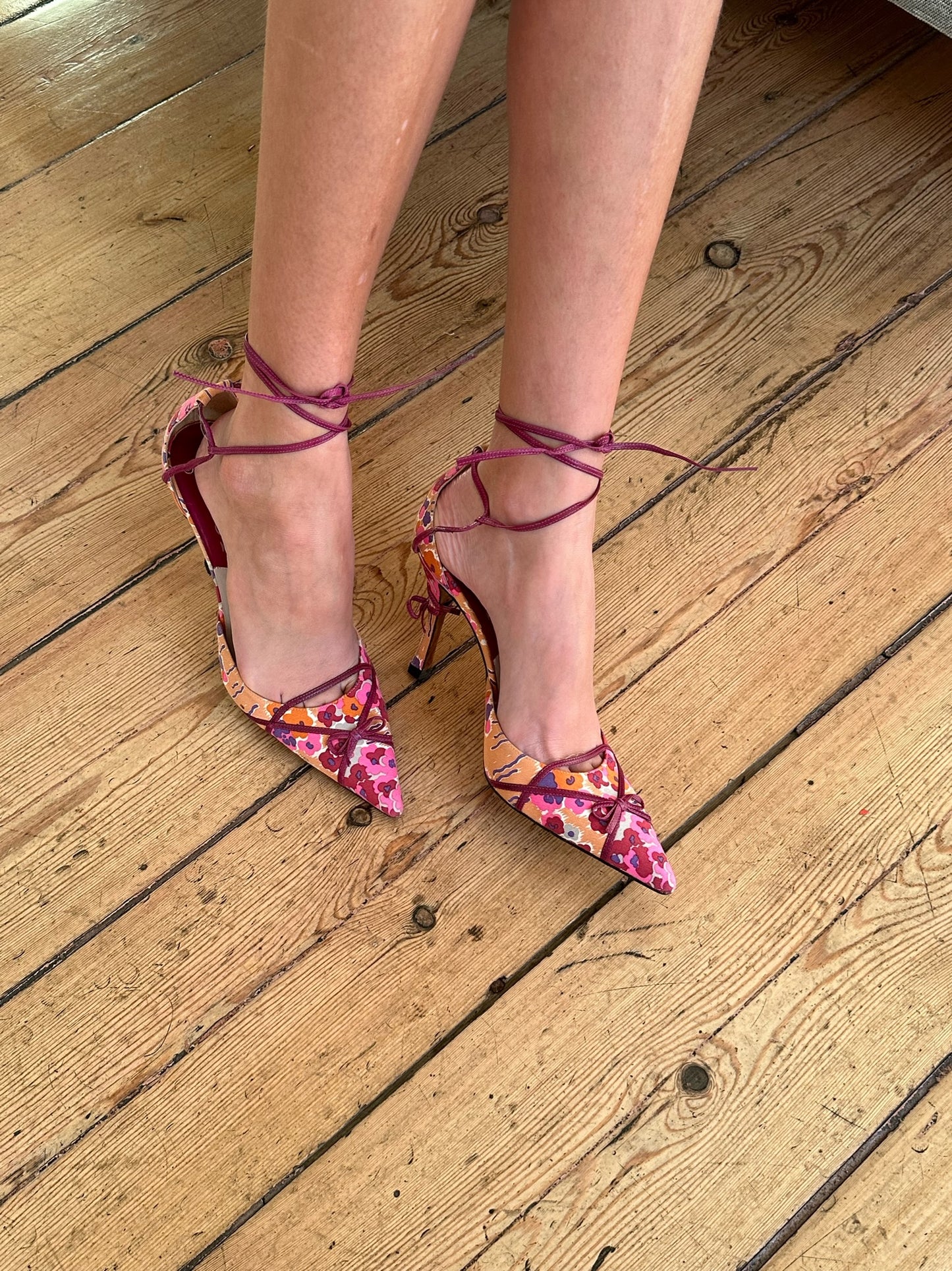 Dior Flower Patterned Bow Ankle Wrapped Heels