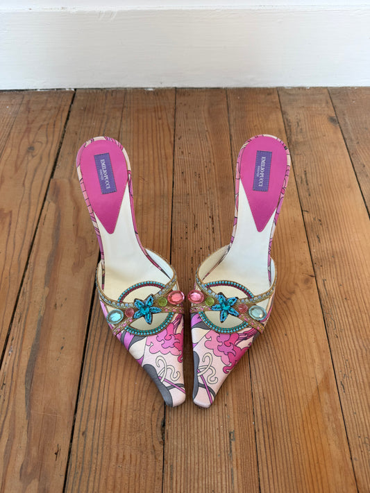 Vintage Emilio Pucci Crystal-Embellished Satin Mules
