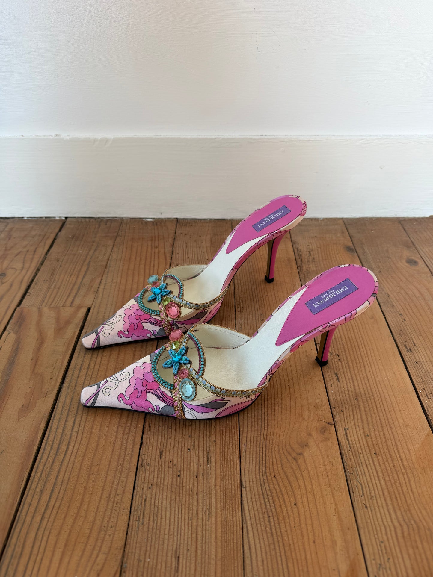Vintage Emilio Pucci Crystal-Embellished Satin Mules