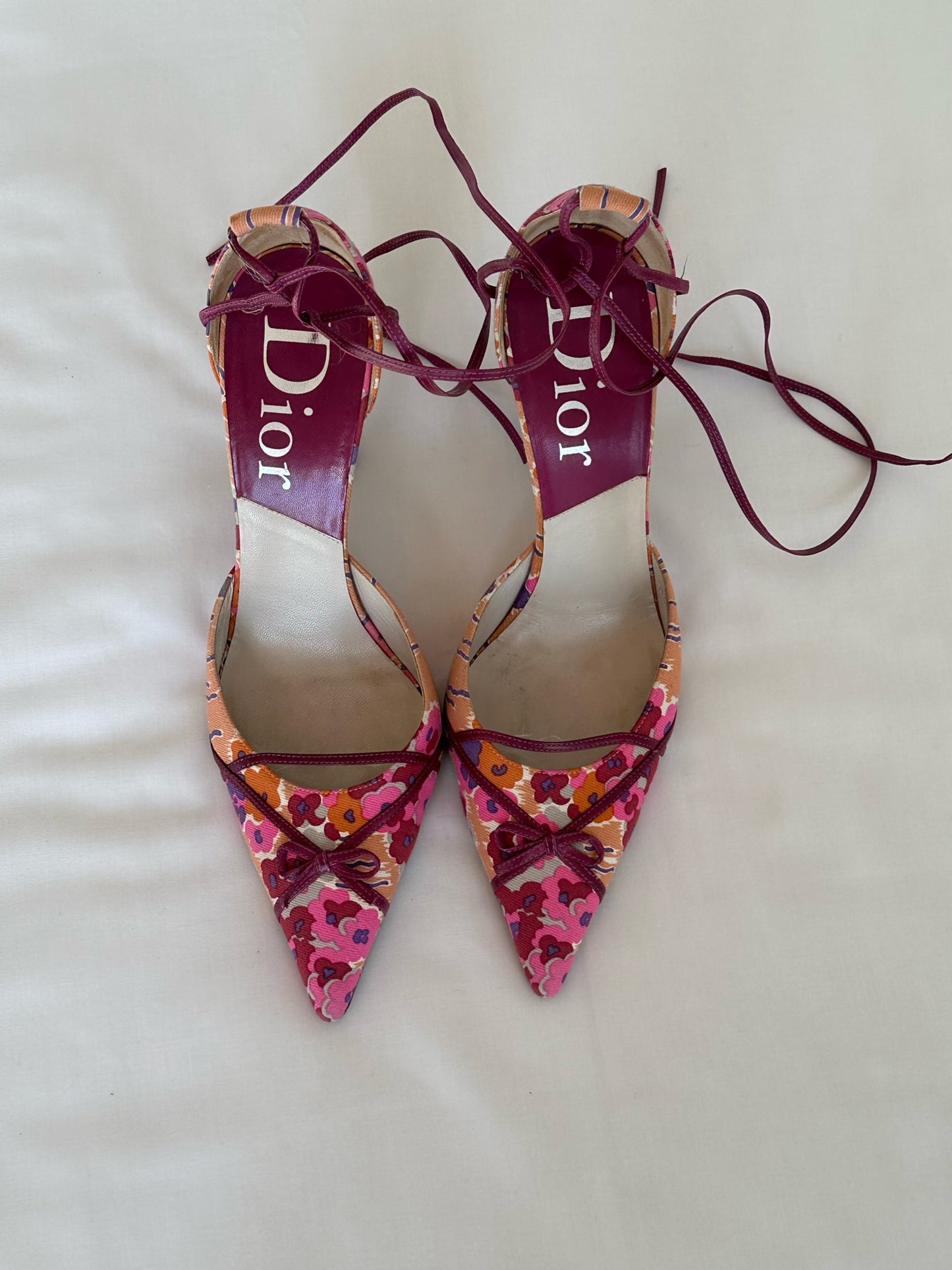 Dior Flower Patterned Bow Ankle Wrapped Heels