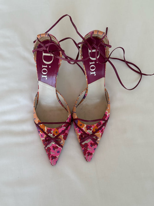 Dior Flower Patterned Bow Ankle Wrapped Heels