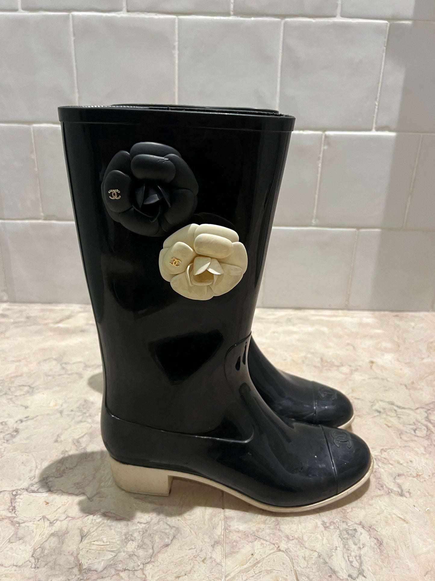 Chanel Flower Two Toned Rain Boots