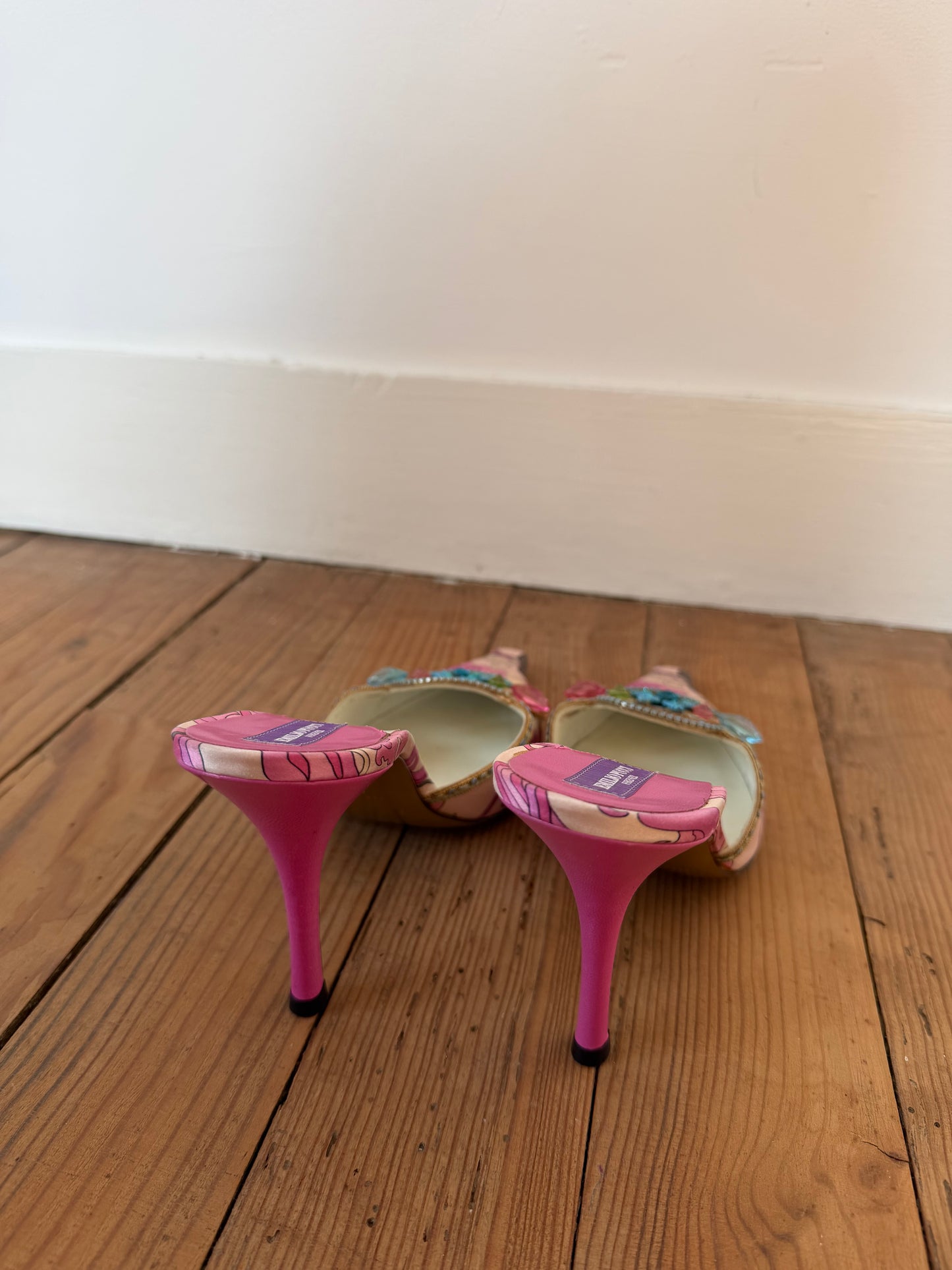 Vintage Emilio Pucci Crystal-Embellished Satin Mules
