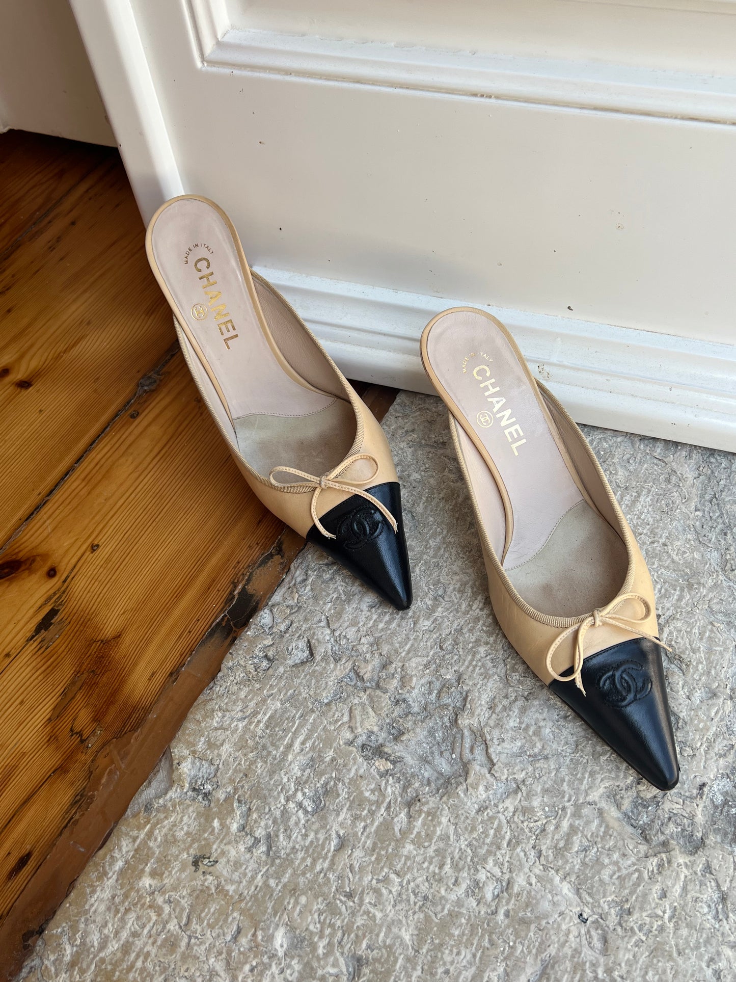 Vintage Chanel CC Two-Toned Beige & Black Mules
