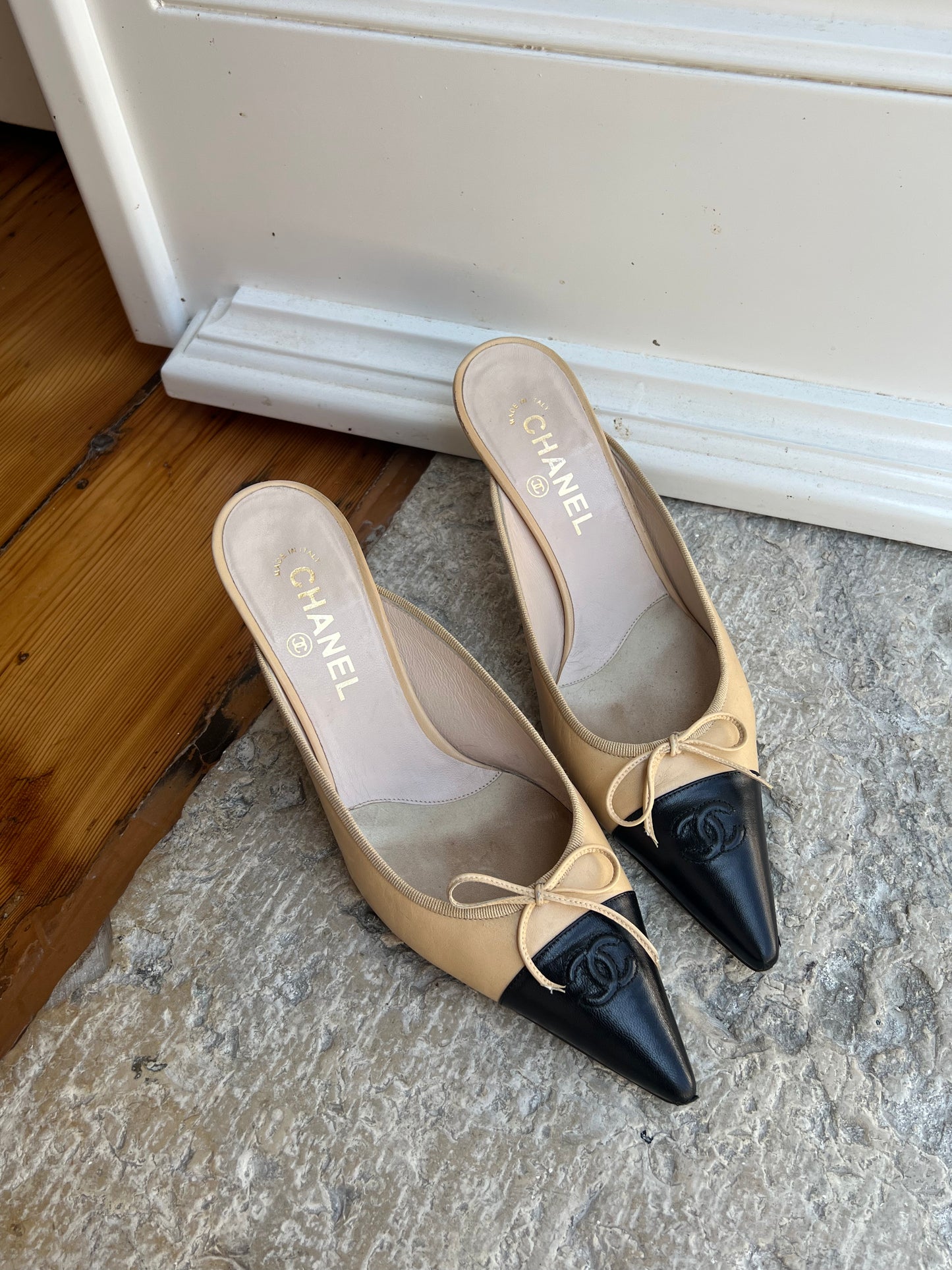 Vintage Chanel CC Two-Toned Beige & Black Mules