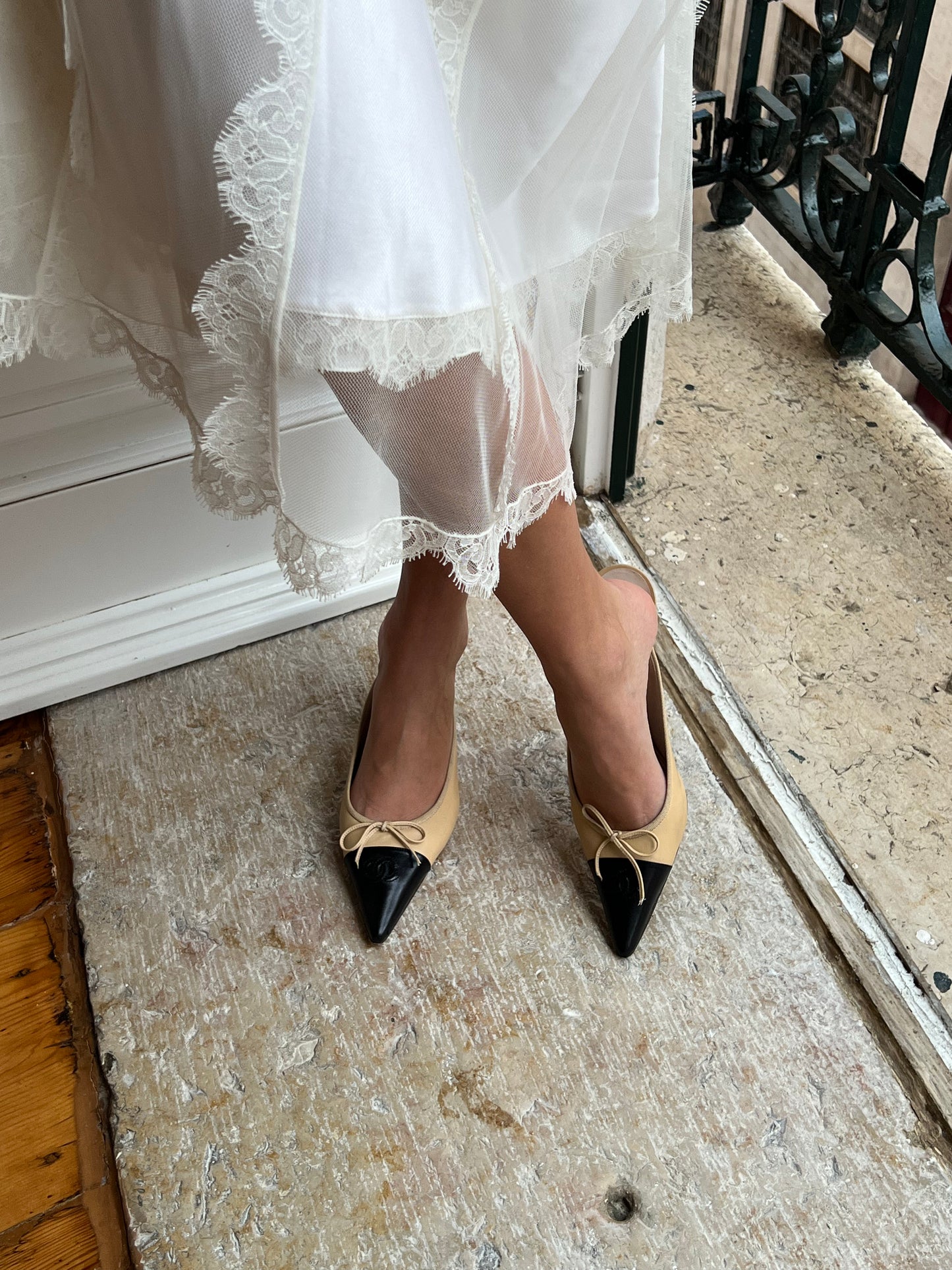 Vintage Chanel CC Two-Toned Beige & Black Mules