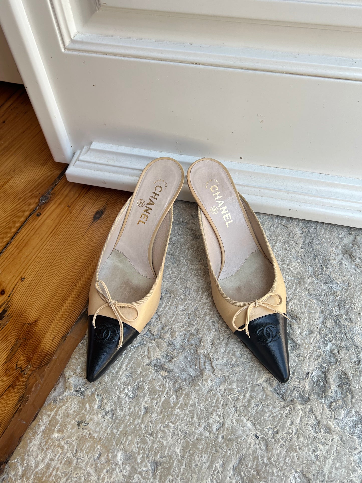 Vintage Chanel CC Two-Toned Beige & Black Mules